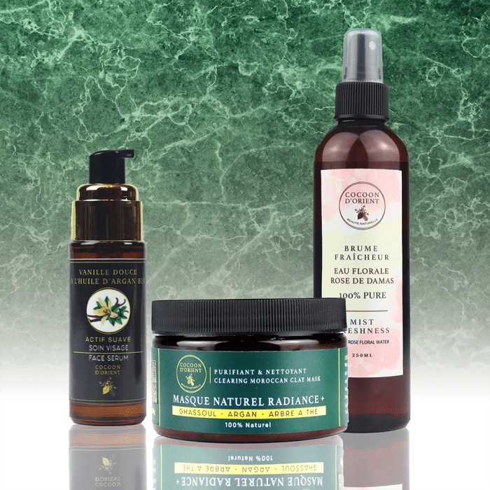 Routine visage anti-taches et imperfections Cocoon d'Orient avec argan, ghassoul et rose de Damas