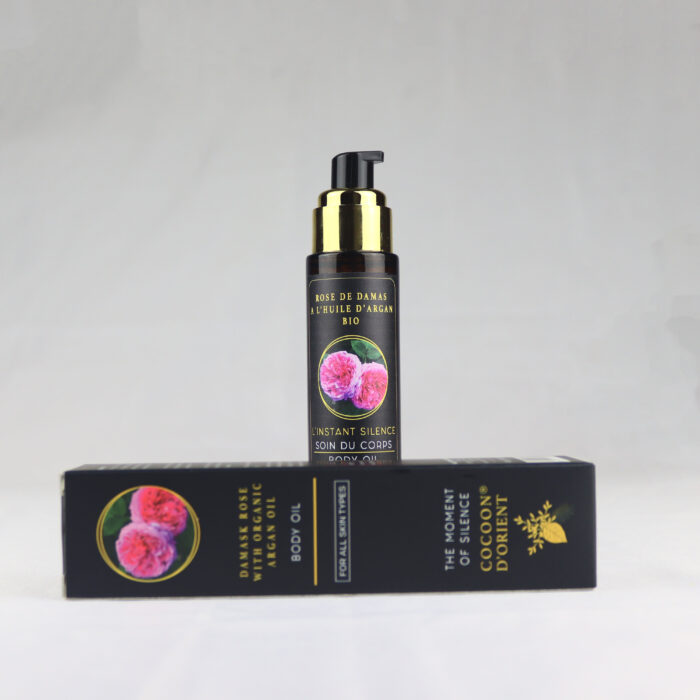 Cocoon d'Orient - Soin corps L'Instant Silence à l'huile d'Argan Bio et rose de Damas pour une hydratation intense et un apaisement durable.