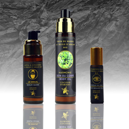 Photo du pack Cocoon Homme Collection avec Sérum Barbe Le Graal, Sérum Corps Harmonie et Regard Éclat Roll-On pour les yeux.