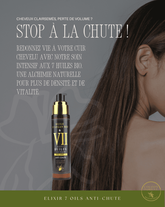 Soin anti-chute cheveux à base d’huile d’argan bio, nigelle, ail noir, jojoba, thym et plantes fortifiantes
