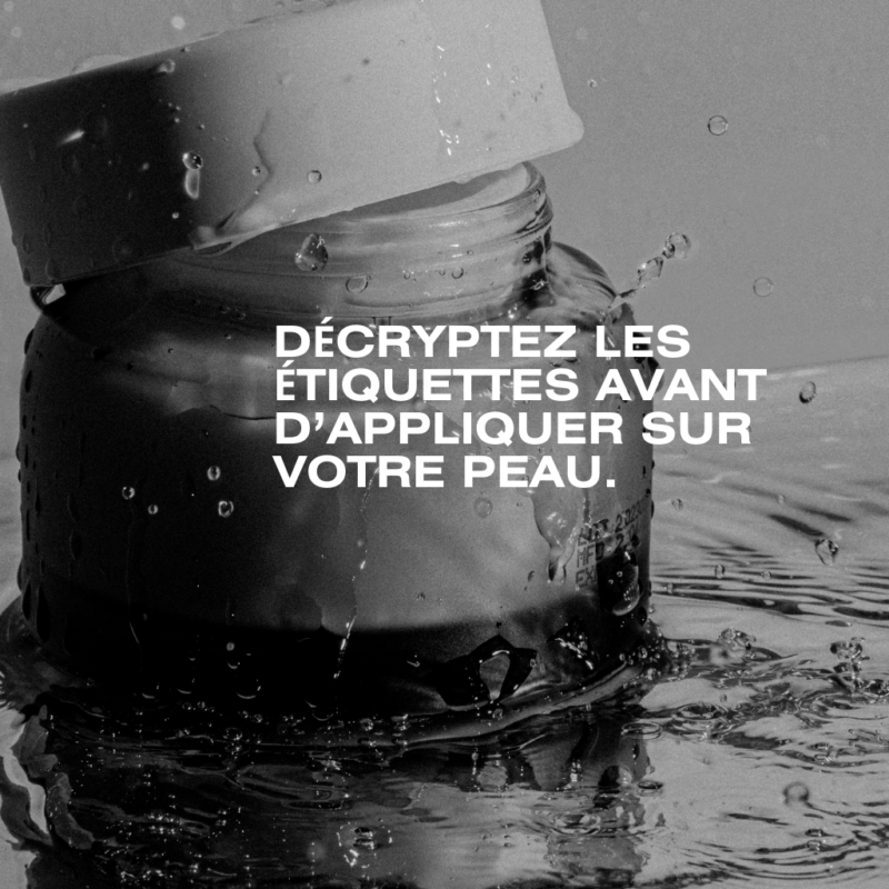 Visuel illustrant l’importance de lire les étiquettes des cosmétiques avant application. Sensibilisation aux ingrédients toxiques dans les produits de beauté.